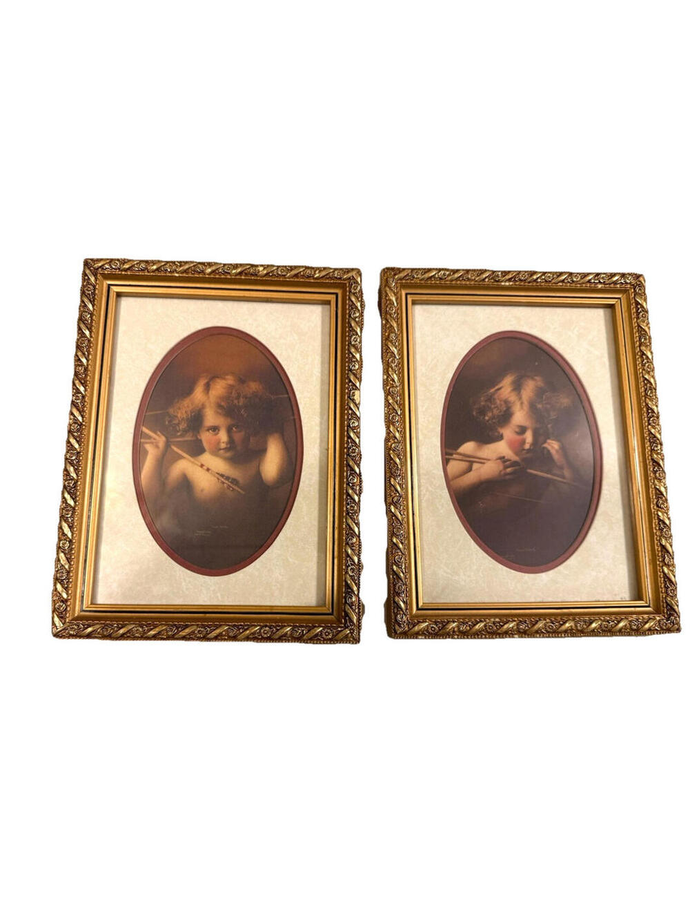 Vtg Cupid Awake/Cupid Asleep framed prints; french country shabby chic wall art